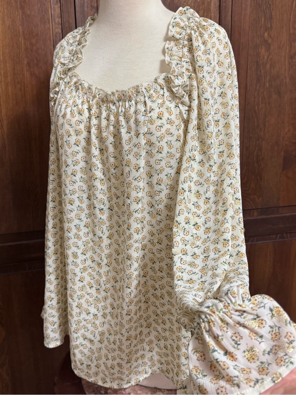 GiGiO Peasant Blouse Floral Square Neck Ruffle Small Metallic Lurex Boho Top S-L